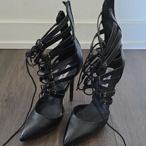 Steve Madden Black Strappy Lace-Up Pointed Stiletto Heels